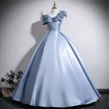 Élégant Bleu Ciel Appliques Satin Robe De Bal 2026 Robe Boule Encolure Dégagée Manches Courtes Dos Nu Longue Robe De Ceremonie