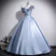 Elegant Sky Blue Appliques Satin Prom Dresses 2026 Ball Gown Scoop Neck Short Sleeve Backless Floor-Length / Long Formal Dresses