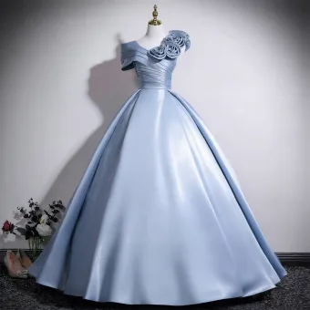 Elegant Sky Blue Appliques Satin Prom Dresses 2026 Ball Gown Scoop Neck Short Sleeve Backless Floor Length Long Formal Dresses
