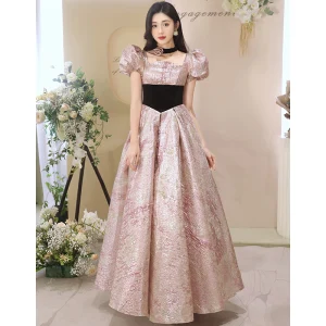 Mode Rougissant Rose Glitter Robe De Bal 2023 Princesse Encolure Carrée Gonflée Manches Courtes Dos Nu Noeud Longue Robe De Ceremonie