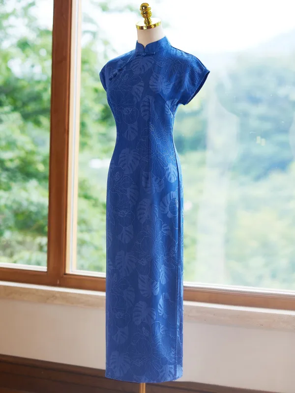 Chinesischer Stil Vintage Blau Wadenlang Cheongsam 2024 Meerjungfrau Stehkragen Kurze Ärmel