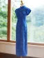 Chinesischer Stil Vintage Blau Wadenlang Cheongsam 2024 Meerjungfrau Stehkragen Kurze Ärmel