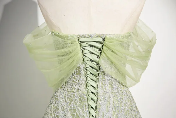 Fashion Sage Green Sequins Prom Dresses 2024 Ball Gown Off-The-Shoulder Sleeveless Backless Floor-Length / Long Prom Formal Dresses