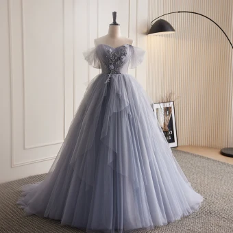 Chic Beautiful Silver Grey Beading Pearl Sequins Appliques Pleated Prom Dresses 2023 Ball Gown Off The Shoulder Sleeveless Backless Sweep Train Prom