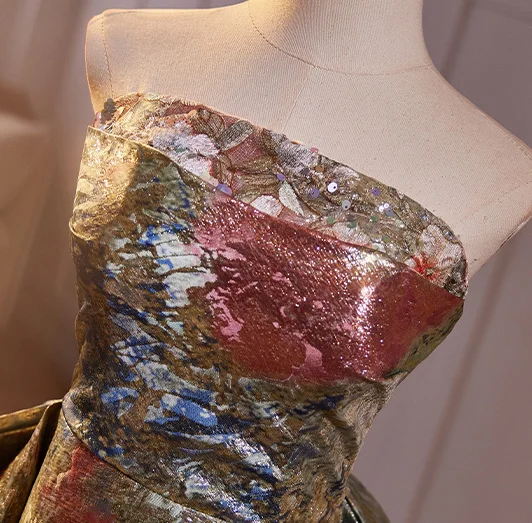 Vintage / Retro Multi-Colors Printing Prom Dresses 2024 A-Line / Princess Strapless Sleeveless Backless Bow Sweep Train Prom Formal Dresses