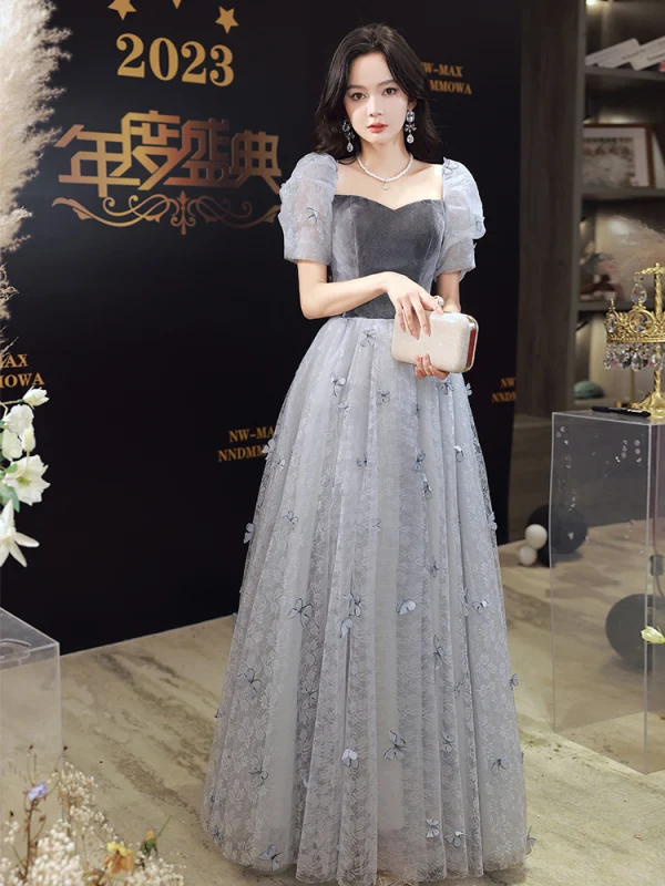 Chic / Beautiful Grey Butterfly Appliques Evening Dresses 2023 A-Line / Princess Square Neckline Short Sleeve Backless Floor-Length / Long Evening Party Formal Dresses