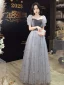 Chic / Beautiful Grey Butterfly Appliques Evening Dresses 2023 A-Line / Princess Square Neckline Short Sleeve Backless Floor-Length / Long Evening Party Formal Dresses