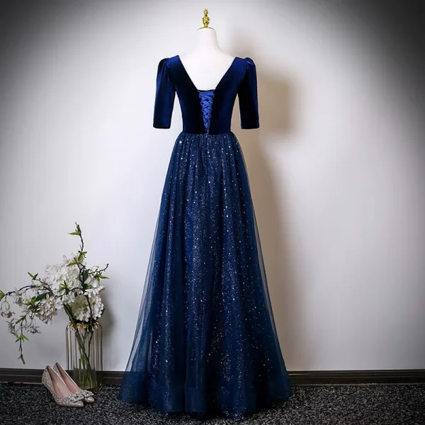 Vintage / Retro Navy Blue Star Sequins Mother Of The Bride Dresses 2025 A-Line / Princess Square Neckline Short Sleeve Backless Floor-Length / Long