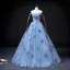 Elegant Pool Blue Prom Dresses 2022 Ball Gown Strapless Puffy Short Sleeve Backless Floor-Length / Long Prom Formal Dresses