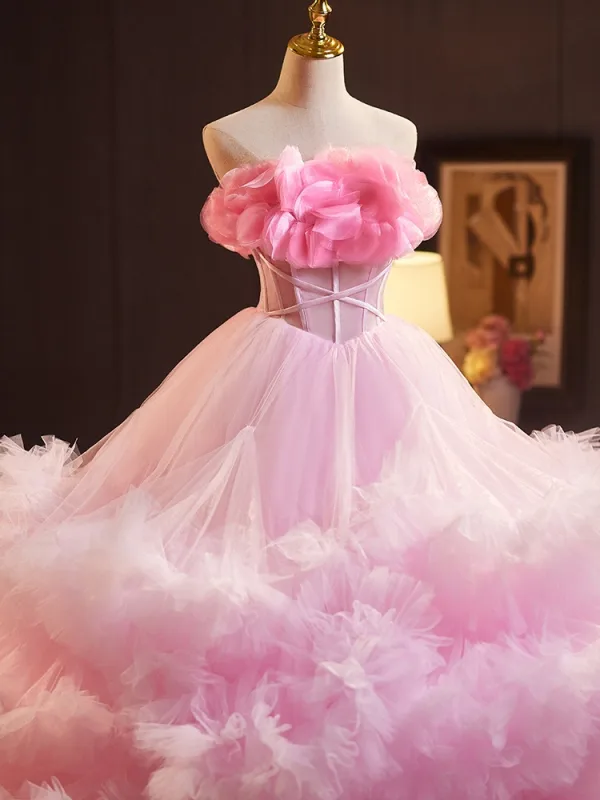 Fashion Candy Pink Cascading Ruffles Appliques Prom Dresses 2024 Ball Gown Strapless Sleeveless Backless Court Train Prom Formal Dresses