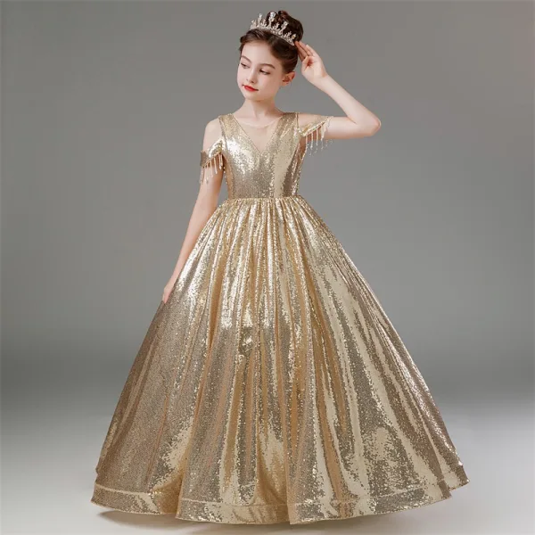 Glitzernden Gold Pailletten Geburtstag Lange Blumenmädchenkleider 2024 Ballkleid Rundhalsausschnitt Kurze Ärmel Rückenfreies
