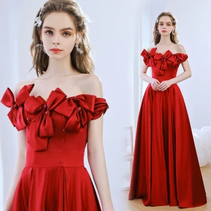 Chic Belle Bordeaux Satin Robe De Bal 2022 Princesse De L Épaule Perle Noeud Sans Manches Dos Nu Longue Promo Robe De Ceremonie