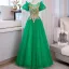 Vintage / Retro Green Beading Sequins Lace Flower Prom Dresses 2023 Ball Gown Scoop Neck Puffy Short Sleeve Backless Floor-Length / Long Prom Formal Dresses