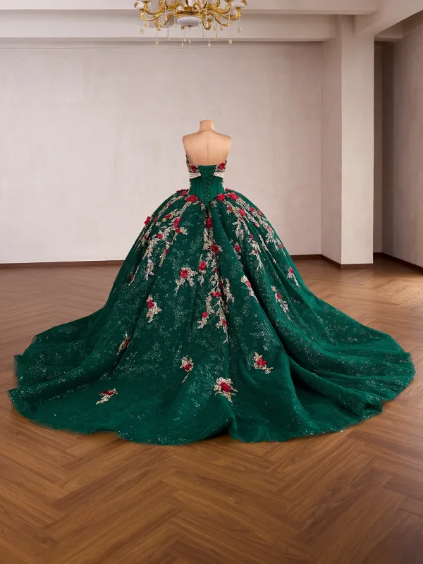 Luksus Vintage Mørk Grønn Beading Blonder Blomst Perle Appliques Ballkjoler 2026 Ballkjole Kjæreste Korte Ermer Ryggløse Lange