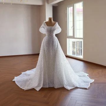 Luxe Witte Handgemaakt Kralen Parel Pailletten Rhinestone Trouwjurken 2026 Trompet Zeemeermin Vierkante Halslijn Korte Mouwen Chapel Train