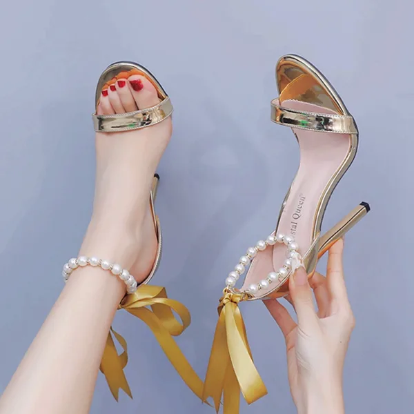 Sexy Gold Pearl Ankle Strap Bow Evening Party Womens Sandals 2024 11 cm Stiletto Heels Open / Peep Toe Sandals High Heels
