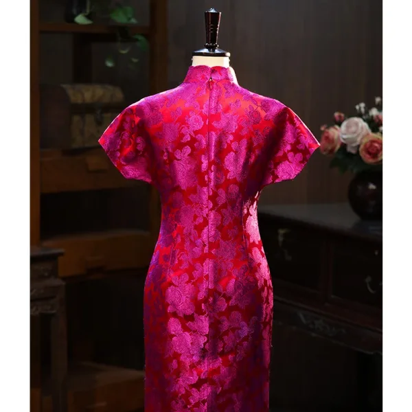 Chinese style Fuchsia Printing Tea-length Silk Evening Party Cheongsam 2026 Trumpet / Mermaid High Neck Short Sleeve