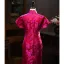 Chinese style Fuchsia Printing Tea-length Silk Evening Party Cheongsam 2026 Trumpet / Mermaid High Neck Short Sleeve