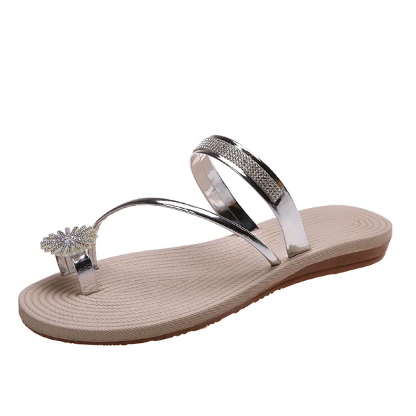 Fashion Gold Summer Beach Rhinestone Womens Sandals 2022 Open / Peep Toe Flat Sandals