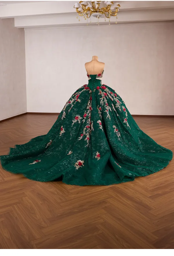 Luksus Vintage Mørk Grønn Beading Blonder Blomst Perle Appliques Ballkjoler 2026 Ballkjole Kjæreste Korte Ermer Ryggløse Lange