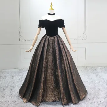 Vintage Retro Black Gold Ball Gown Prom Dresses 2025 Off The Shoulder Short Sleeve Backless Floor Length Long Prom Formal Dresses