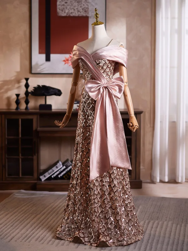 Glitzernden Gold Schleife Pailletten Ballkleider 2026 A Linie Off Shoulder Kurze Ärmel Rückenfreies Lange Festliche Kleider