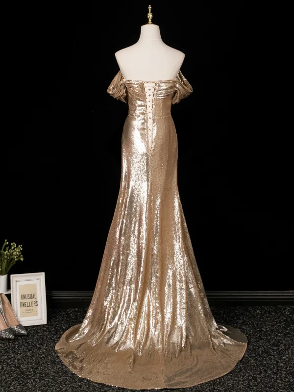 Glitzernden Gold Pailletten Abendkleider 2025 Meerjungfrau Off Shoulder Ärmellos Rückenfreies Sweep / Pinsel Zug Abend Festliche Kleider