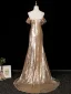 Glitzernden Gold Pailletten Abendkleider 2025 Meerjungfrau Off Shoulder Ärmellos Rückenfreies Sweep / Pinsel Zug Abend Festliche Kleider