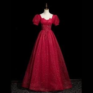 Chic Belle Bordeaux Perlage Paillettes Robe De Bal 2023 Princesse Bretelles Spaghetti Manches Courtes Dos Nu Longue Promo Robe De Ceremonie