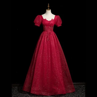 Chic Belle Bordeaux Perlage Paillettes Robe De Bal 2023 Princesse Bretelles Spaghetti Manches Courtes Dos Nu Longue Promo Robe De Ceremonie
