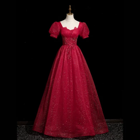 Hermoso Borgoña Rebordear Lentejuelas Vestidos de gala 2023 A-Line / Princess Spaghetti Straps Manga Corta Sin Espalda Largos Gala Vestidos Formales