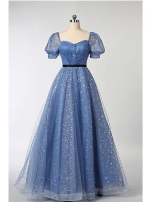 Chic Belle Bleu Ciel Étoile Paillettes Noeud Ceinture Robe De Bal 2025 Princesse Encolure Carrée Manches Courtes Dos Nu Longue Promo Robe De Ceremonie