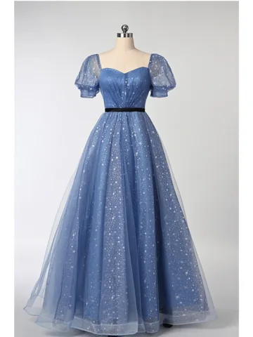 Chic Beautiful Sky Blue Star Sequins Bow Sash Prom Dresses 2025 A Line Princess Square Neckline Short Sleeve Backless Floor Length Long Prom Formal Dresses