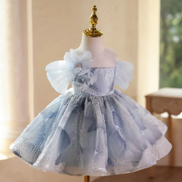 Chic / Beautiful Sky Blue Beading Pearl Sequins Birthday Flower Girl Dresses 2025 Ball Gown Scoop Neck Short Sleeve Floor-Length / Long