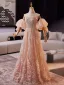 Charming Candy Pink Beading Pearl Sequins Appliques Prom Dresses 2025 A-Line / Princess Strapless Puffy Short Sleeve Backless Floor-Length / Long Formal Dresses