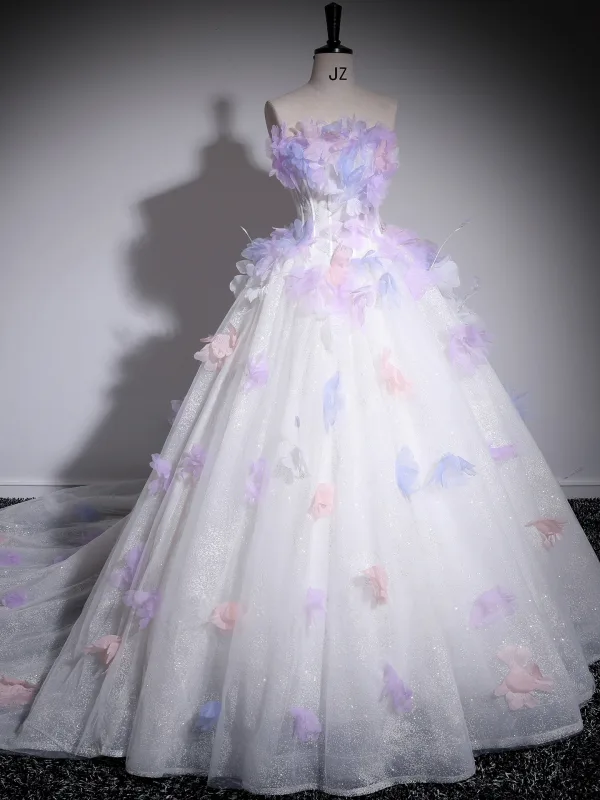 Flower Fairy Multi-Colors Appliques White Prom Dresses 2025 Ball Gown Strapless Sleeveless Backless Court Train Formal Dresses