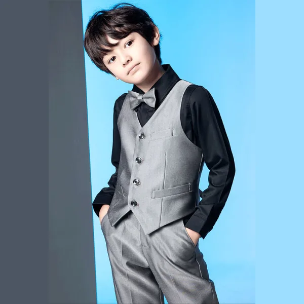Fashion Grey 5-piece Long Sleeve Boys Wedding Suits 2022 Coat Pants Shirt Tie Vest Wedding