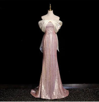 Scintillantes Rougissant Rose Paillettes Robe De Soirée 2024 Trompette Sirène De L Épaule Noeud Sans Manches Dos Nu Train De Balayage Soirée Robe De Ceremonie