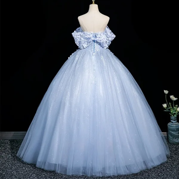 Chic / Beautiful Sky Blue Appliques Prom Dresses A-Line / Princess 2025 Off-The-Shoulder Short Sleeve Backless Floor-Length / Long Formal Dresses