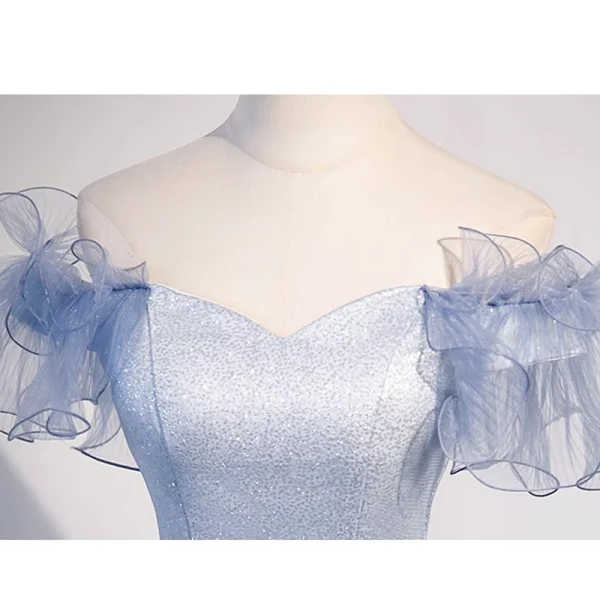 Schöne Himmelblau Pailletten Strass Ballkleider 2023 A Linie Off Shoulder Ärmellos Rückenfreies Schleife Lange Festliche Kleider