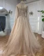 High End Elegante Lindgrün Handgefertigt Perlenstickerei Pailletten Ballkleider 2024 A Linie Stehkragen Lange Ärmel Sweep / Pinsel Zug Ball Festliche Kleider