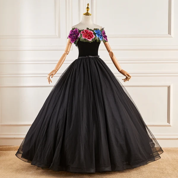 Ethnic Black Lace Flower Prom Dresses 2023 Ball Gown Off-The-Shoulder Short Sleeve Backless Bow Sash Floor-Length / Long Prom Formal Dresses