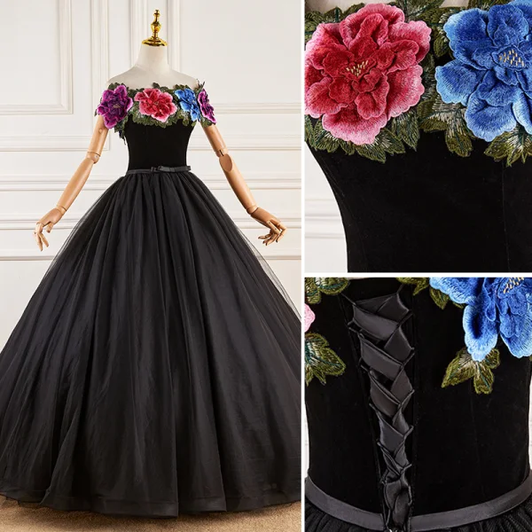 Ethnic Black Lace Flower Prom Dresses 2023 Ball Gown Off-The-Shoulder Short Sleeve Backless Bow Sash Floor-Length / Long Prom Formal Dresses