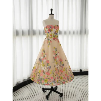 Mooie Prachtige Multi Kleuren Kant Bloem Rhinestone Champagne Galajurken 2023 A Lijn Strapless Mouwloos Ruglooze Tea Length Gala Gelegenheid Jurken