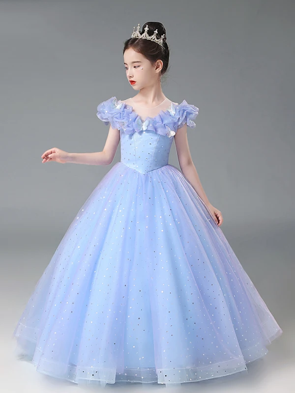 Cinderella Sky Blue Lace Butterfly Star Sequins Flower Girl Dresses 2024 Ball Gown Birthday Scoop Neck Short Sleeve Floor-Length / Long