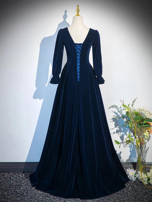 Vintage / Retro Black Winter Velvet Prom Dresses 2024 A-Line / Princess Square Neckline Long Sleeve Backless Floor-Length / Long Prom Formal Dresses