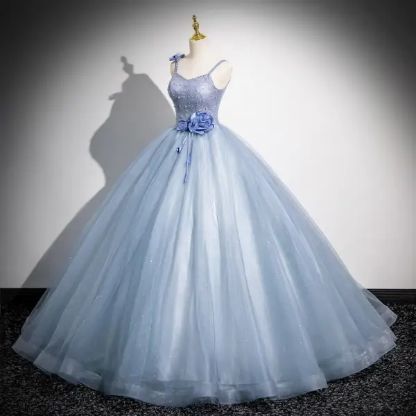 Elegant Sky Blue Pearl Appliques Prom Dresses 2024 Ball Gown Spaghetti Straps Sleeveless Backless Floor-Length / Long Prom Formal Dresses