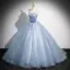 Elegant Sky Blue Pearl Appliques Prom Dresses 2024 Ball Gown Spaghetti Straps Sleeveless Backless Floor-Length / Long Prom Formal Dresses