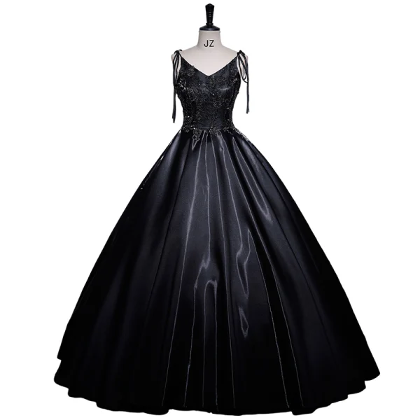 Classique Noire Perlage Paillettes Satin Robe De Bal 2024 Robe Boule V-Cou Sans Manches Dos Nu Longue Promo Robe De Ceremonie