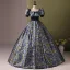 Vintage / Retro Ocean Blue Printing Prom Dresses 2024 Ball Gown Square Neckline Short Sleeve Backless Floor-Length / Long Prom Formal Dresses